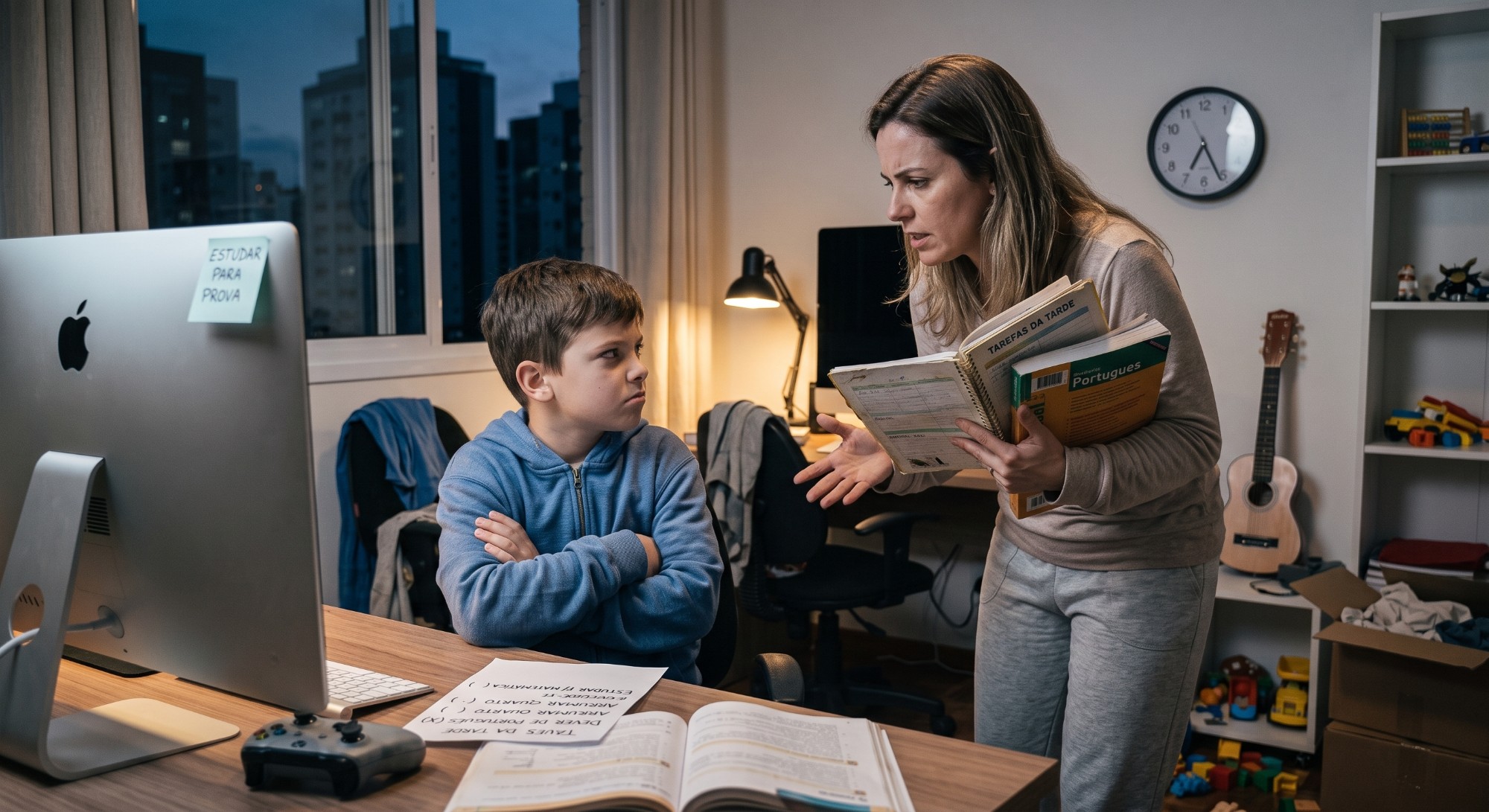Mãe discutindo com o filho sobre tarefas escolares atrasadas