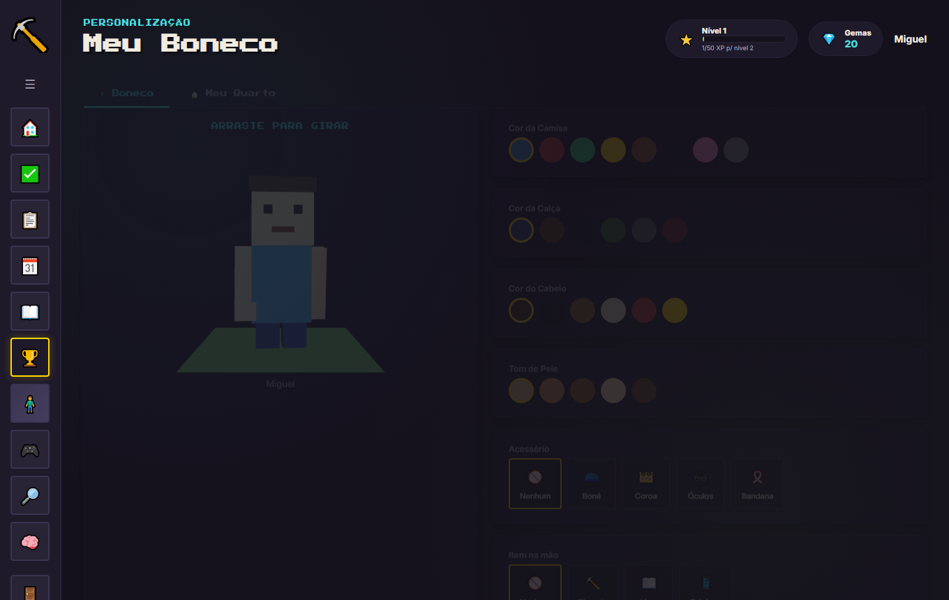Tela Meu Boneco do Craft dos Estudos, com o personagem 3D personalizável do aluno