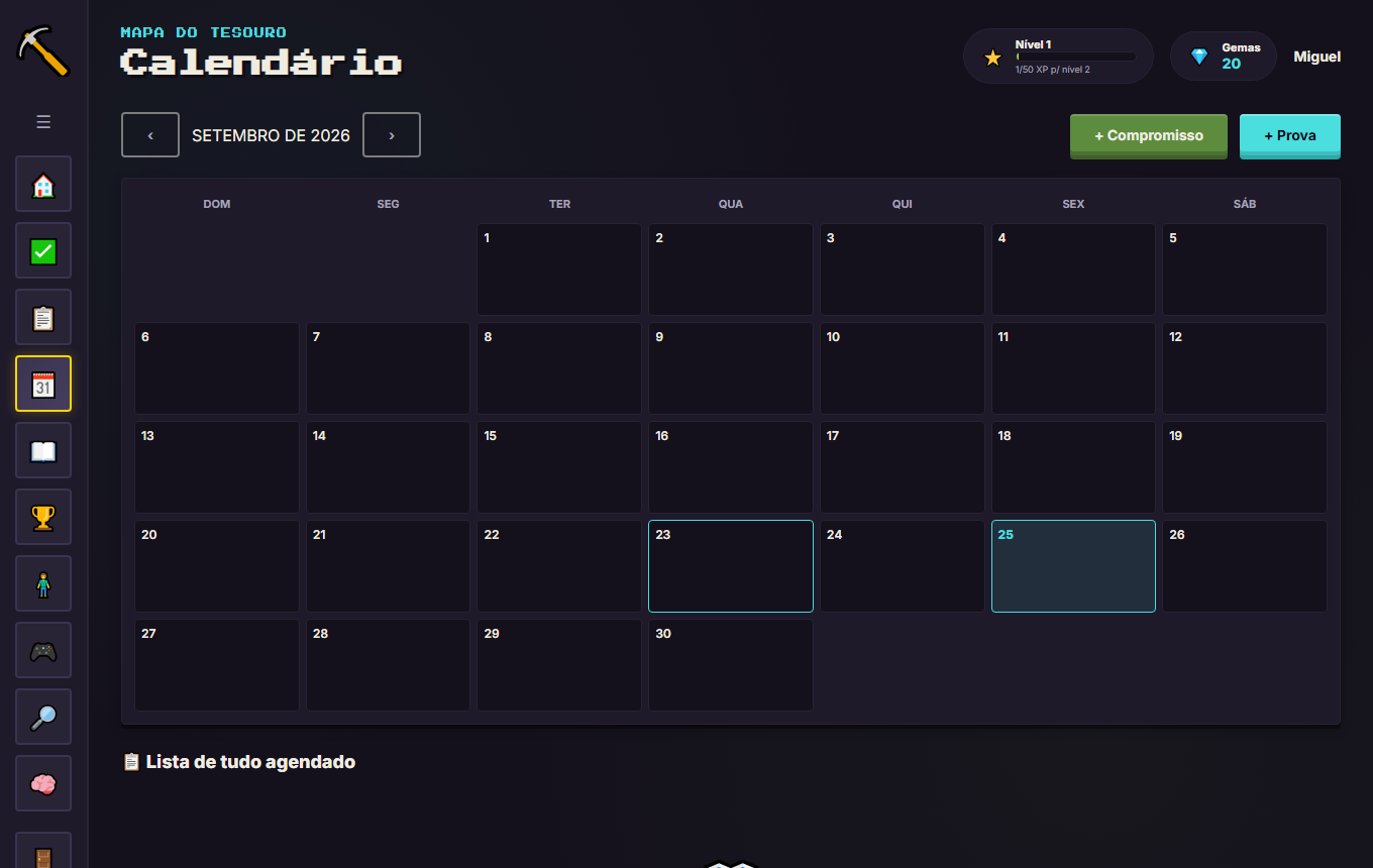 Tela de Calendário do Craft dos Estudos, com os dias do mês e compromissos marcados