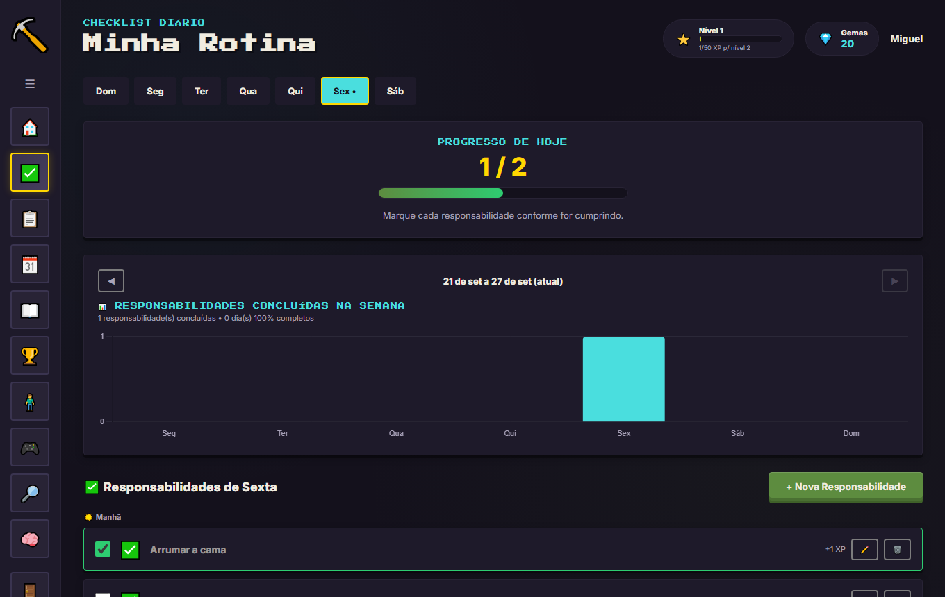Tela Minha Rotina do Craft dos Estudos, com progresso do dia e gráfico da semana