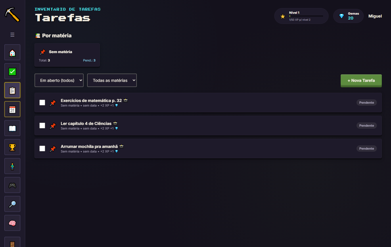 Tela de Tarefas do Craft dos Estudos, com lista de tarefas pendentes e recompensas